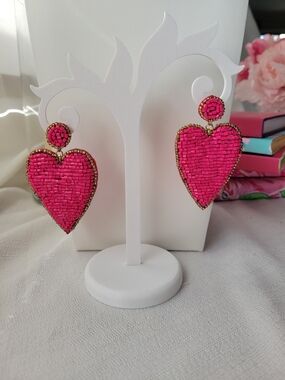 Hot Pink Heart Beaded Drop Earrings
